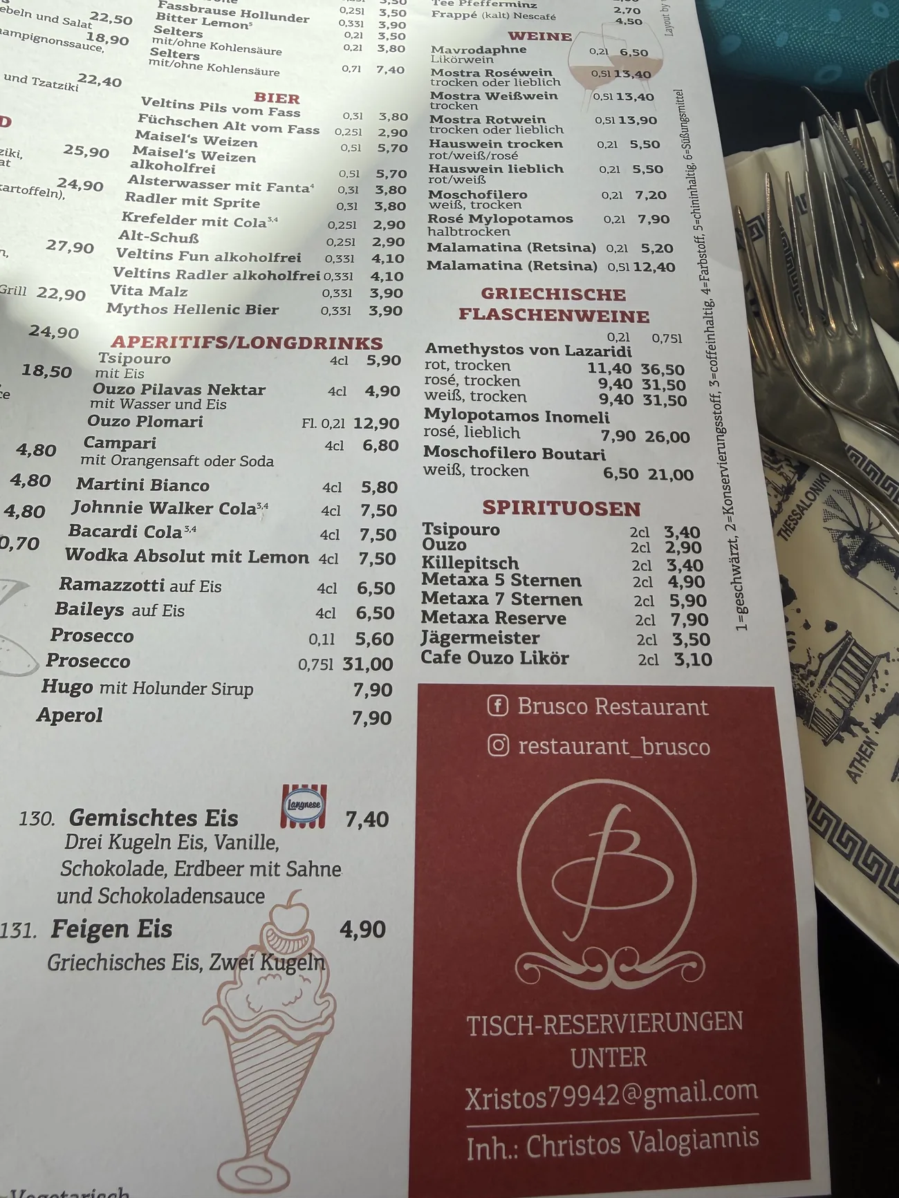 Auszug aus der Getränkekarte und Speisekarte des Brusco Restaurants