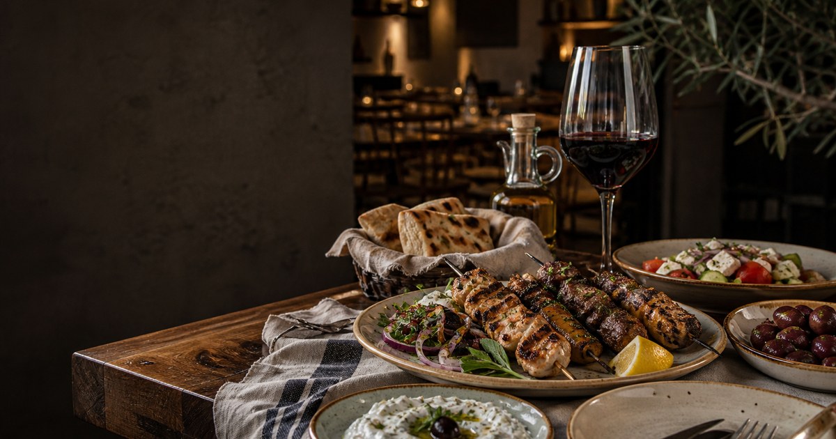 Mediterrane griechische Speisen auf einem gedeckten Restauranttisch